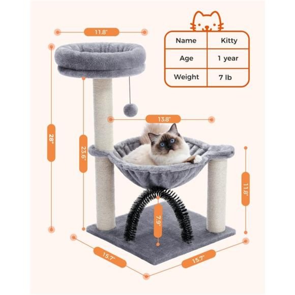 Small Cat Tree 28" Cat Tower with Metal Plush Hammock & Dangling Ball, Grey - Picture 2 of 6